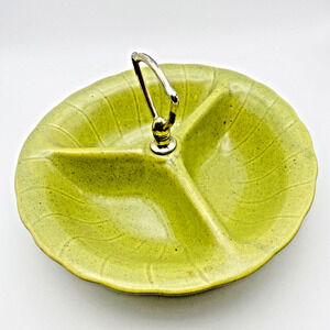 Vintage California Pottery Divided Dish Tray Green Nut Relish Olive 1960